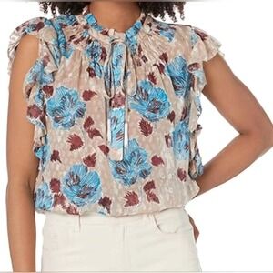 Joie Women's Boho Summer Floral Ruffle Cap Sleeve Blouse Lilac Size L EUC